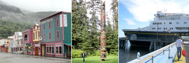 Broadway Street in Skagway, Totems in Sitka and the Columbia docked in Ketchikan.